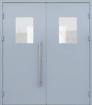 Двустворчатая остекленная дверь с ручкой-скобой и полимерным покрытием светло-серого цвета